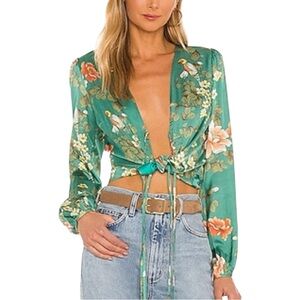 NWT Majorelle Coco Green Tie-Front Bird Long Sleeve Crop Top Blouse